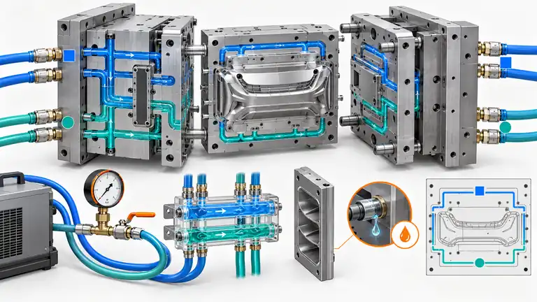Conceptual injection mold cooling map with labeled inlet outlet flow leak and isolation checks
