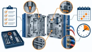 Conceptual injection mold maintenance plan linking wear zones preventive tasks spare parts and downtime