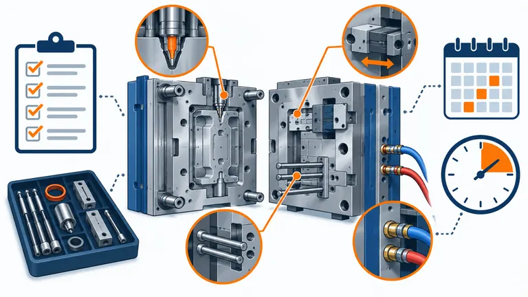 Conceptual injection mold maintenance plan linking wear zones preventive tasks spare parts and downtime