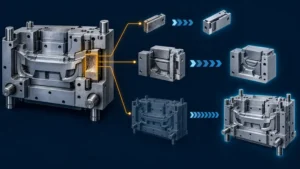 Conceptual three-path decision from a worn injection mold to repair, insert modification or replacement tooling
