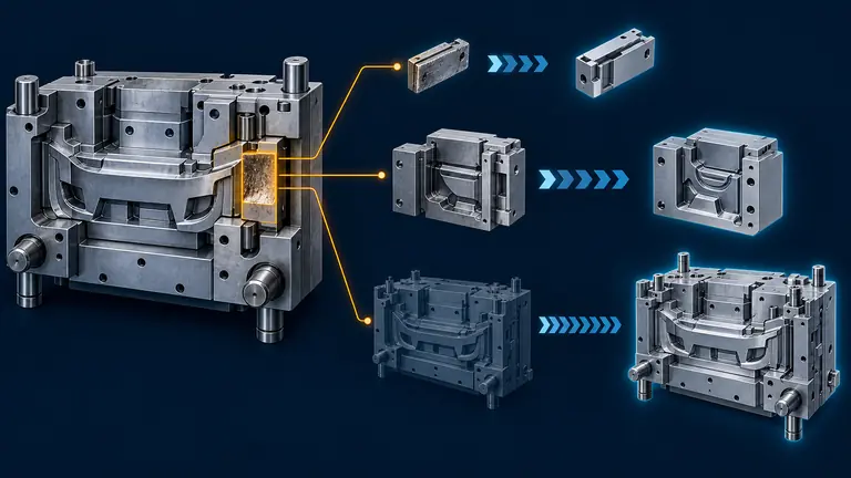 Conceptual three-path decision from a worn injection mold to repair, insert modification or replacement tooling