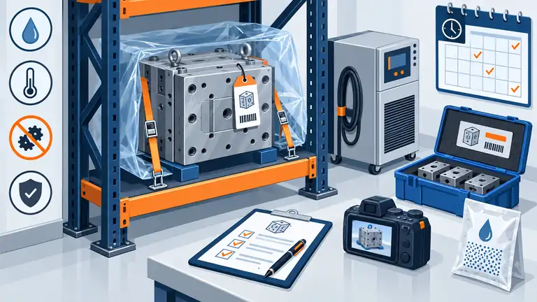 Conceptual stored automotive mold with custody records corrosion protection spares and periodic inspection controls