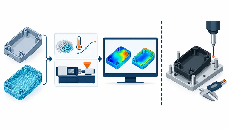 Conceptual Moldflow evidence chain from model inputs through simulation results to physical trial correlation