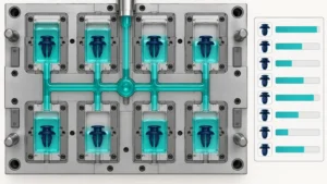 Conceptual multi-cavity runner layout with cavity-specific fill and weight fingerprint comparison