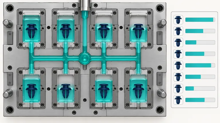 Conceptual multi-cavity runner layout with cavity-specific fill and weight fingerprint comparison