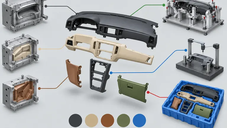 Exploded automotive plastic assembly mapped to molds, assembly fixture and packaging scope