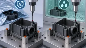 Nylon housing inspected in dry-as-molded and conditioned states with the same measurement setup