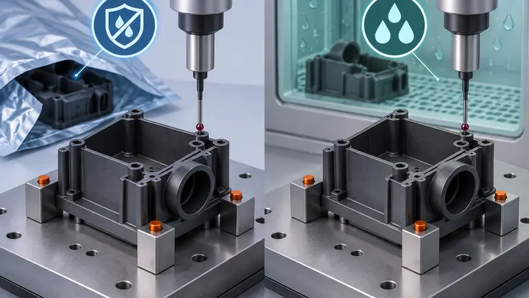 Nylon housing inspected in dry-as-molded and conditioned states with the same measurement setup