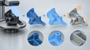 Physical automotive plastic part progressing through 3D scanning and CAD reconstruction