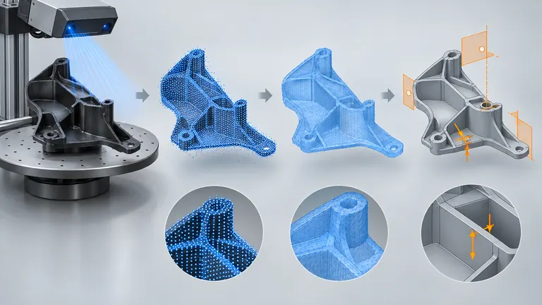 Physical automotive plastic part progressing through 3D scanning and CAD reconstruction
