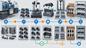 Pilot production run sequence from molding setup through inspection, testing, packaging and retained samples