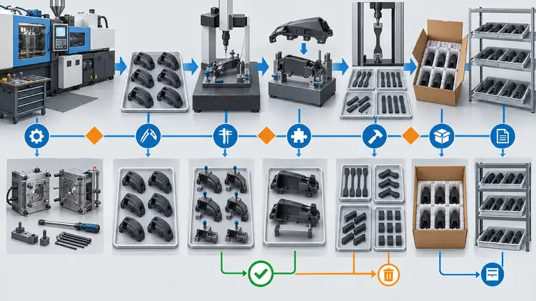 Pilot production run sequence from molding setup through inspection, testing, packaging and retained samples