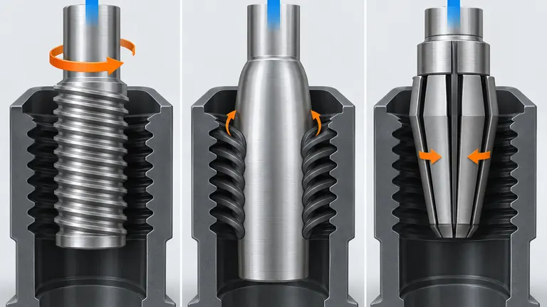 Internal plastic thread release by rotating core, elastic stripping and collapsing core segments