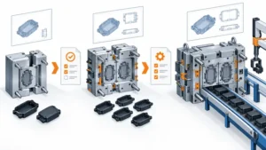 Conceptual progression from prototype mold through bridge tool to production tooling with evidence gates
