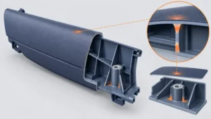 Conceptual section of automotive trim showing rib boss local thickness and cosmetic surface read-through risk