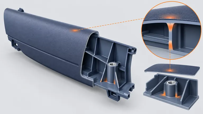 Conceptual section of automotive trim showing rib boss local thickness and cosmetic surface read-through risk