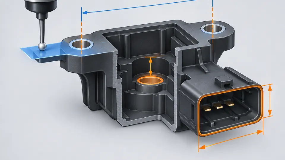 Sensor housing cutaway with datum plane, mounting holes, connector interface and measurement points