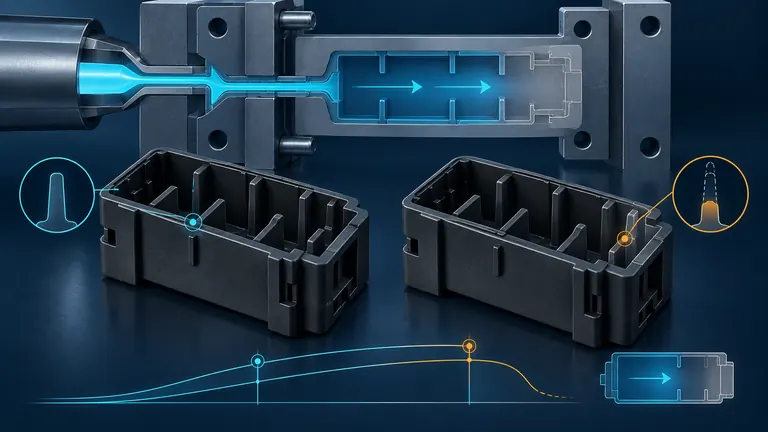 Conceptual comparison of a completely filled molded housing and a localized short shot at the end of flow