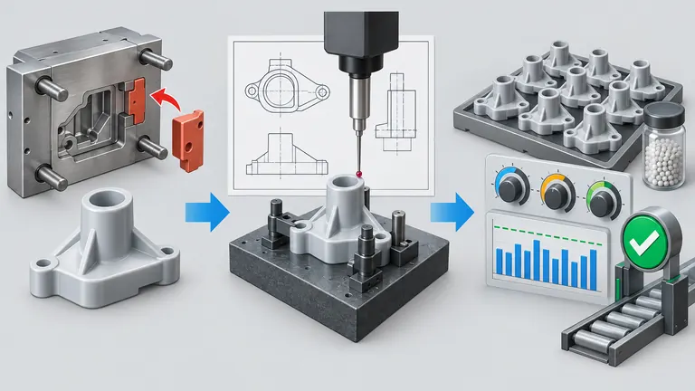 Three stages of molded-part evidence from initial sample through dimensional inspection and production approval