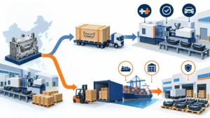 Conceptual split-path comparison between shipping an injection mold and shipping finished automotive plastic parts