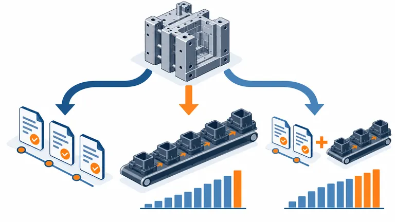 Conceptual comparison of direct mold payment, per-part amortization and hybrid tooling recovery