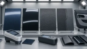 Conceptual automotive trim appearance board comparing color gloss grain and boundary samples under controlled light