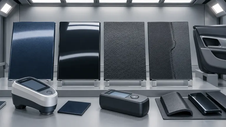 Conceptual automotive trim appearance board comparing color gloss grain and boundary samples under controlled light