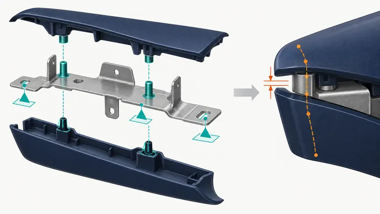 Conceptual automotive trim assembly with datum locators gap measurement and signed tolerance loop